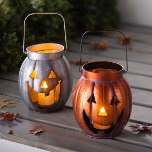 Halloween Pumpkin Lantern with Flickering LED Candle - Silver