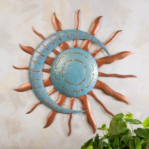 Handcrafted Blue and Copper-Colored Recycled Metal Moon and Sun Wall Art