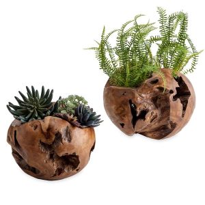 Distressed Round Teak Wood Vases