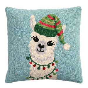 Decked Out Llama Hand-Hooked Wool Pillow