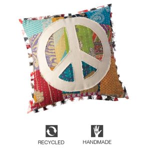 Kantha Fringe Tassel Peace Pillow, 15"Sq.