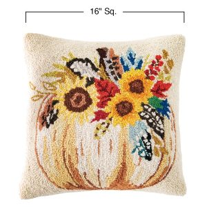 Pumpkin and Feathers Hand-Hooked Wool Decorative Throw Pillow, 16"Sq.