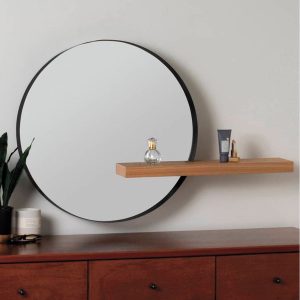 Black Metal Wall Mirror With Wood Shelf