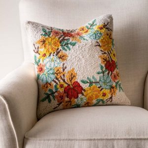 Pumpkin Wreath Hand-Hooked Wool Decorative Throw Pillow, 16"Sq.
