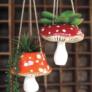 Hanging Toadstool Ceramic Planters, Set of 2