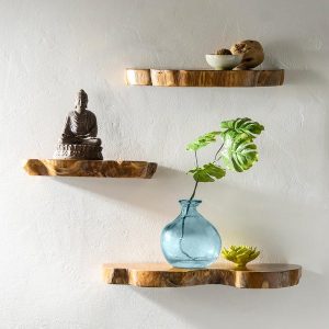 Live Edge Teak Floating Shelves, Set of 3