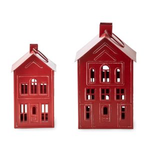 Metal House-Shaped Lanterns, Set of 2 - Red