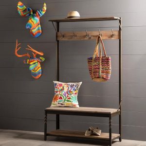 Reclaimed Wood and Metal Coat Rack and Bench - Walnut