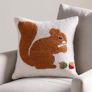 Squirrel Hand-Hooked Wool Pillow, 16" Square