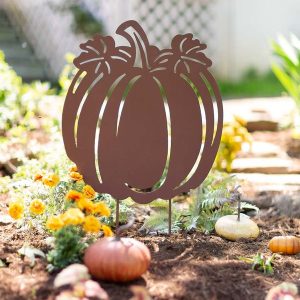 Metal Pumpkin Silhouette Garden Stake with Rust-Like Finish - Short